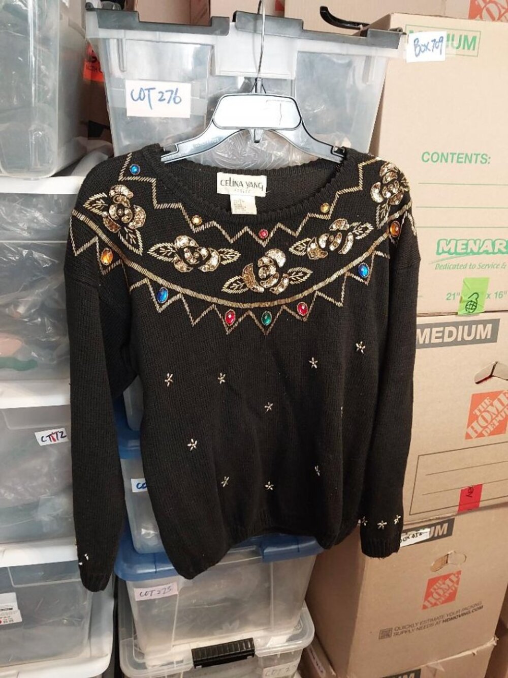 Vintage Celina Yang Blk Knit Sweater Gold Sequin Flora Rainbow Jewel PS DEFECT